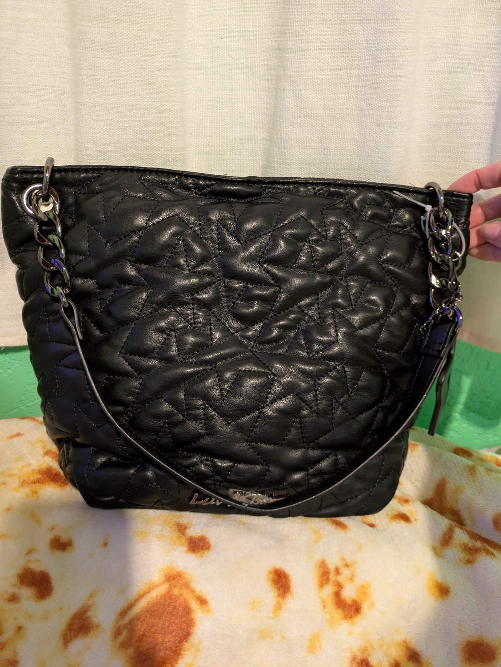 Star Quilted Black Shoulder Tote with Chain-Link Straps